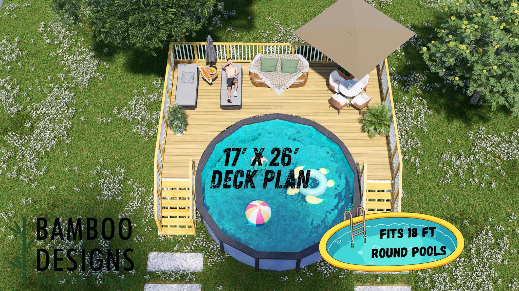 Image of Oklahoma 17x26 Pool Deck Plan - Elevated Above-Ground Pool Deck with Railing | PDF + DWG DIY Plans