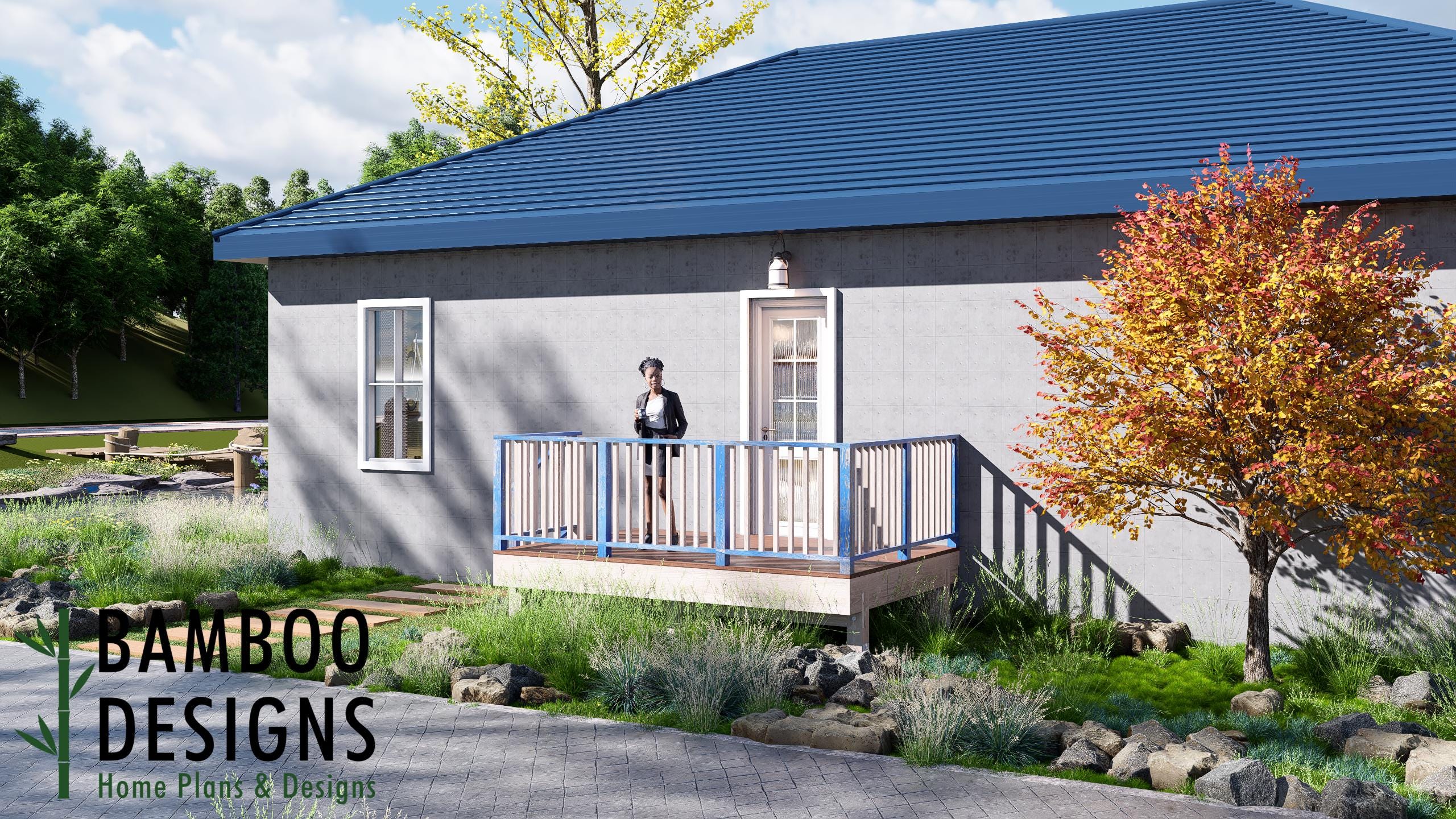 Image of Arid 8x12 Freestanding Deck Plan - Modern Backyard Platform Deck with Horizontal Railings | DIY PDF Plans