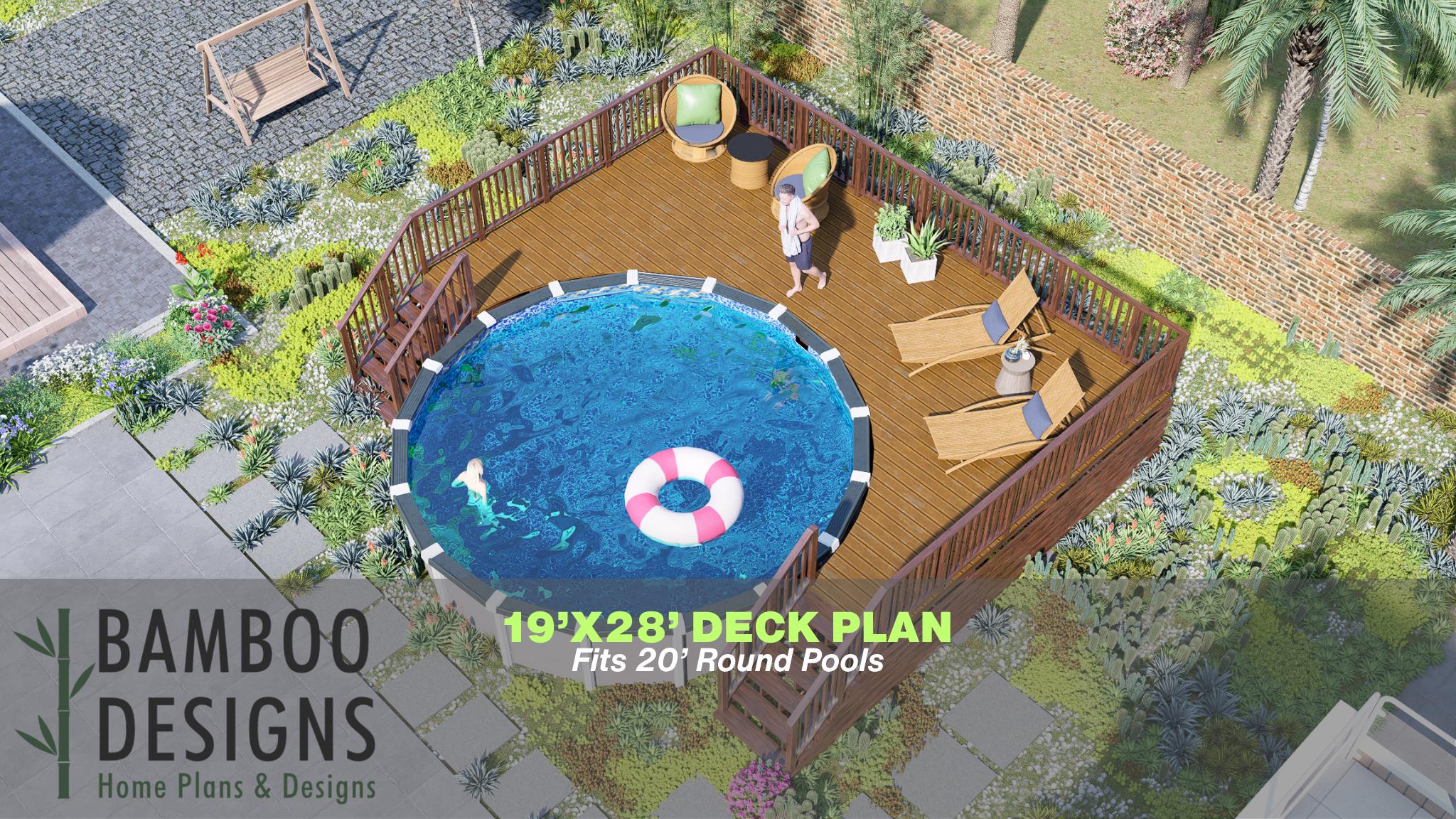 Image of Alfred Pool Deck Plan - 19x28 Round Above-Ground Pool Deck with Extended Platform & Stair Access | DIY PDF Plans