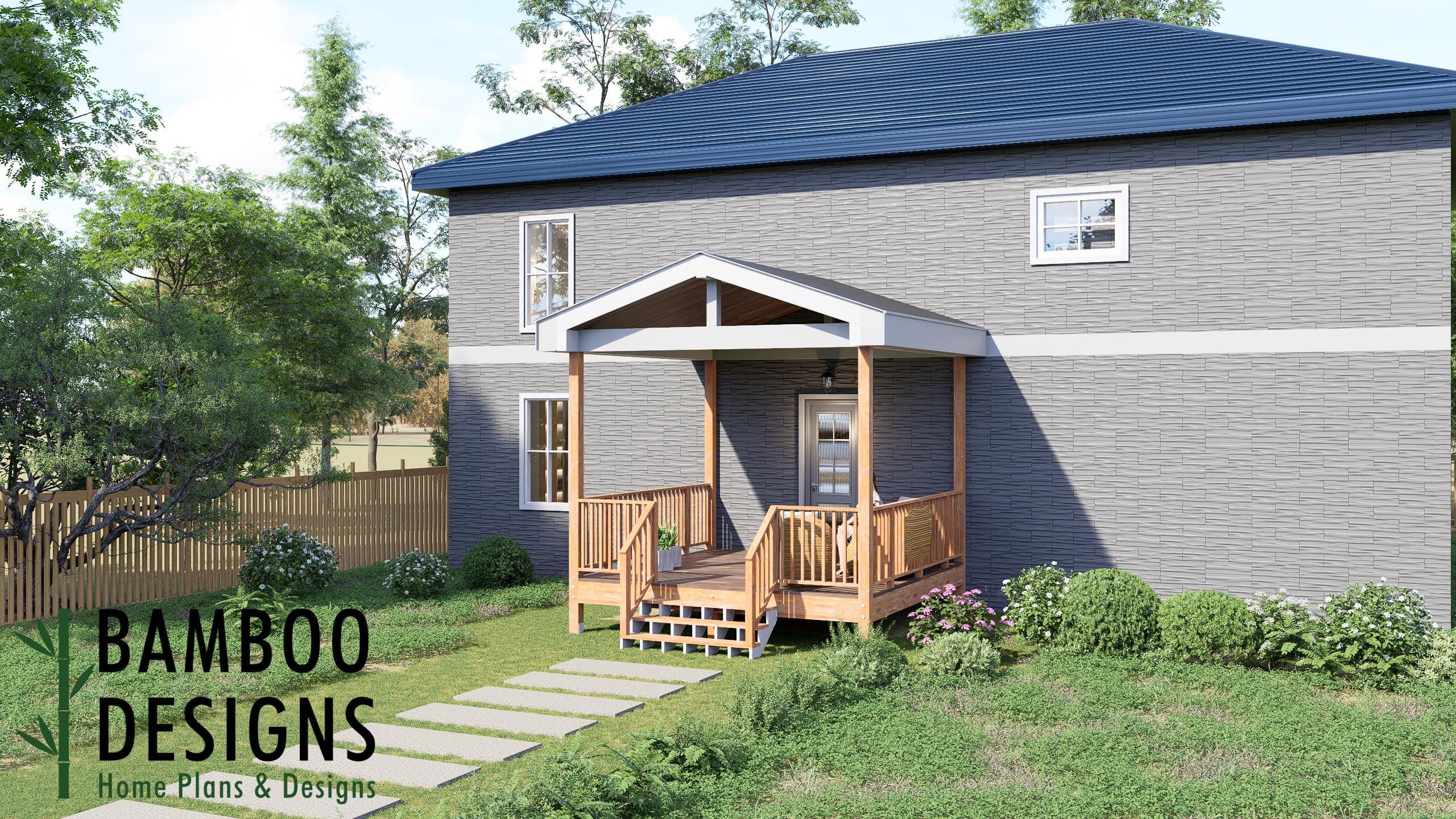 Image of Tatou 14x14 Deck with Gable Porch Plan - Covered Backyard Entertainment Deck | DIY PDF Building Plans