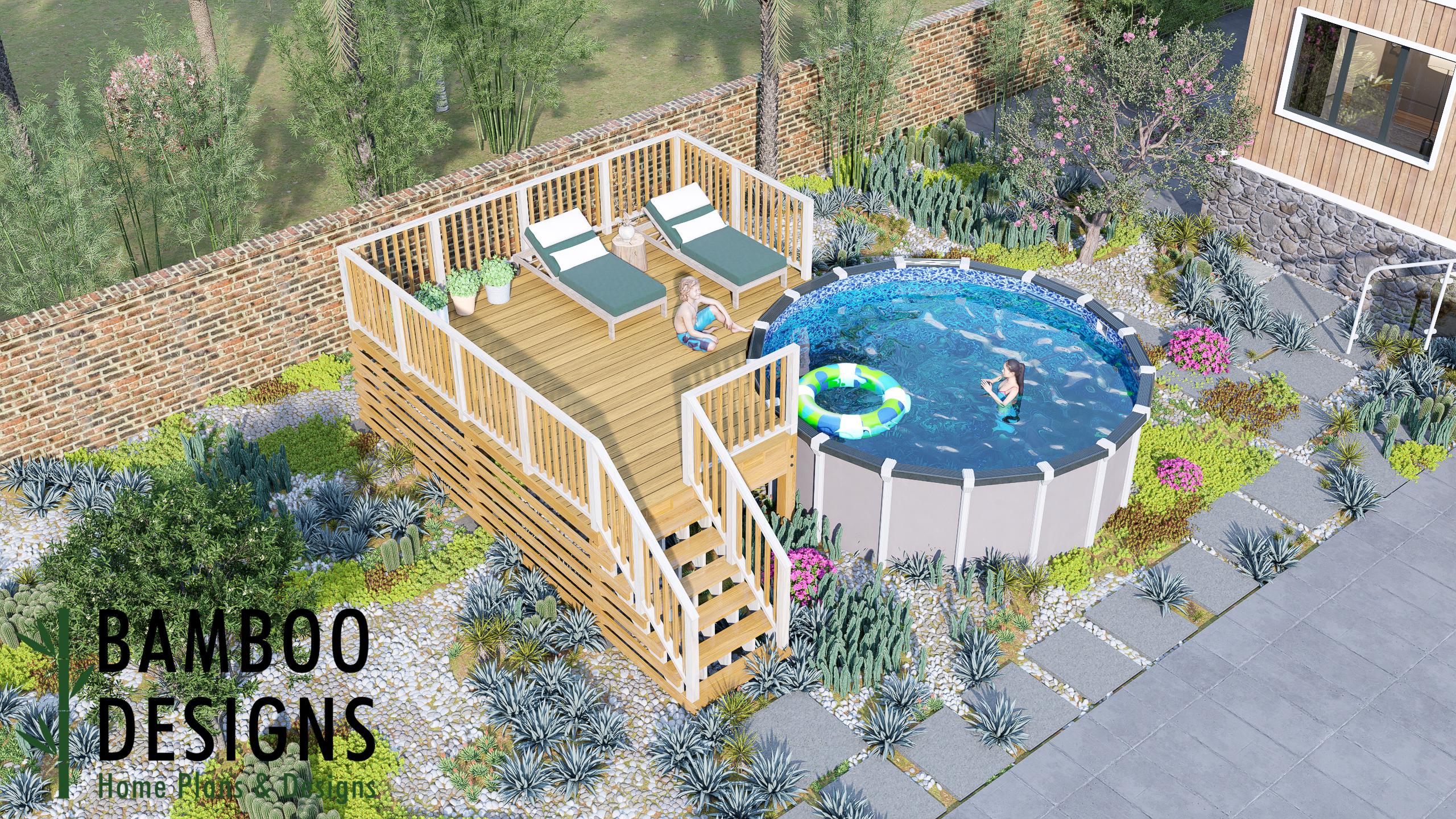 Image of Seaglass Circle Pool Deck Plan - 16x16 Above-Ground Pool Deck with Staircase | DIY PDF Plans for 14' Round Pools