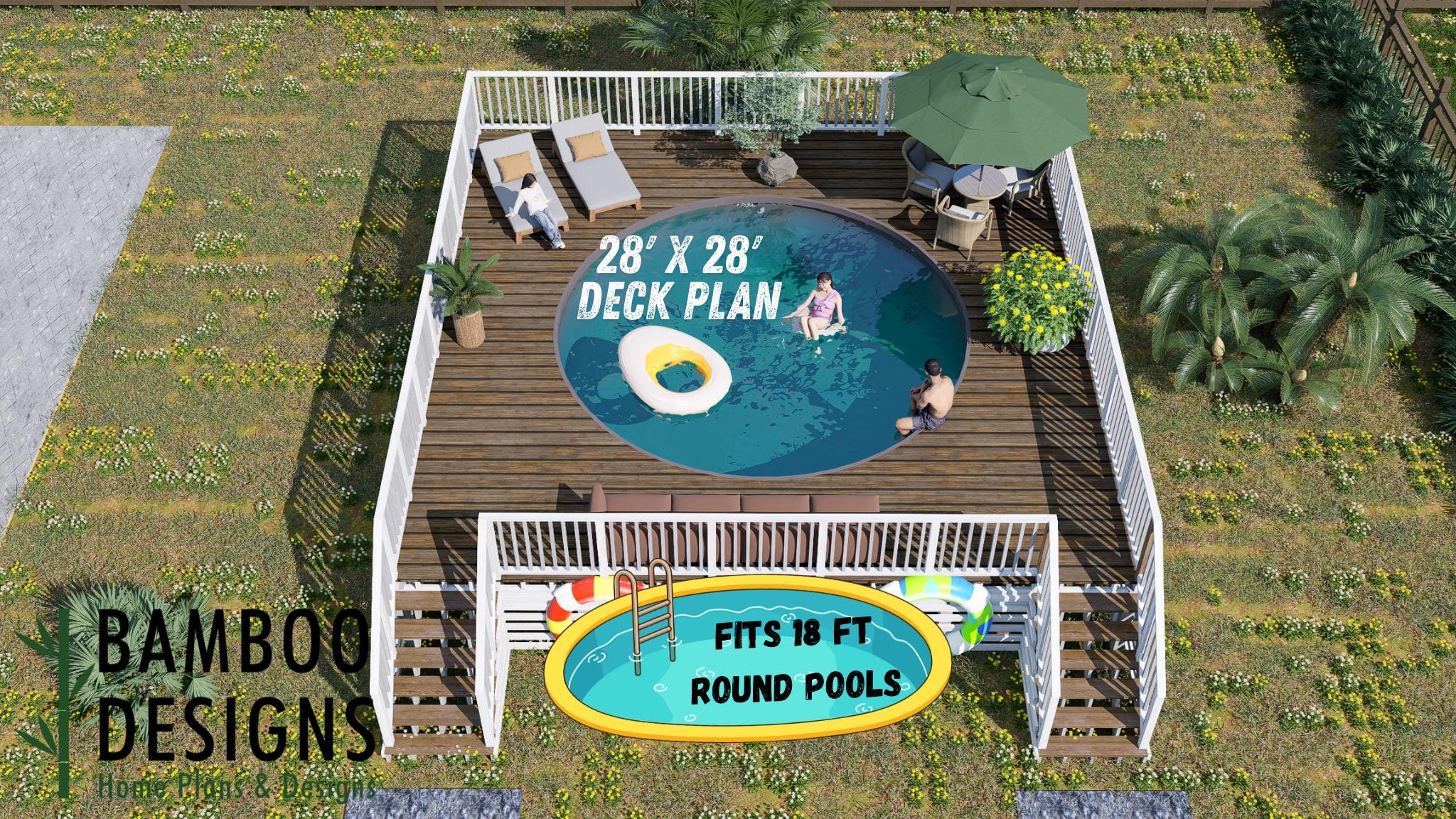 Image of Little Rock 18ft Pool Deck Plan - 28x28 Wraparound Above-Ground Pool Deck with Railings | DIY PDF Plans