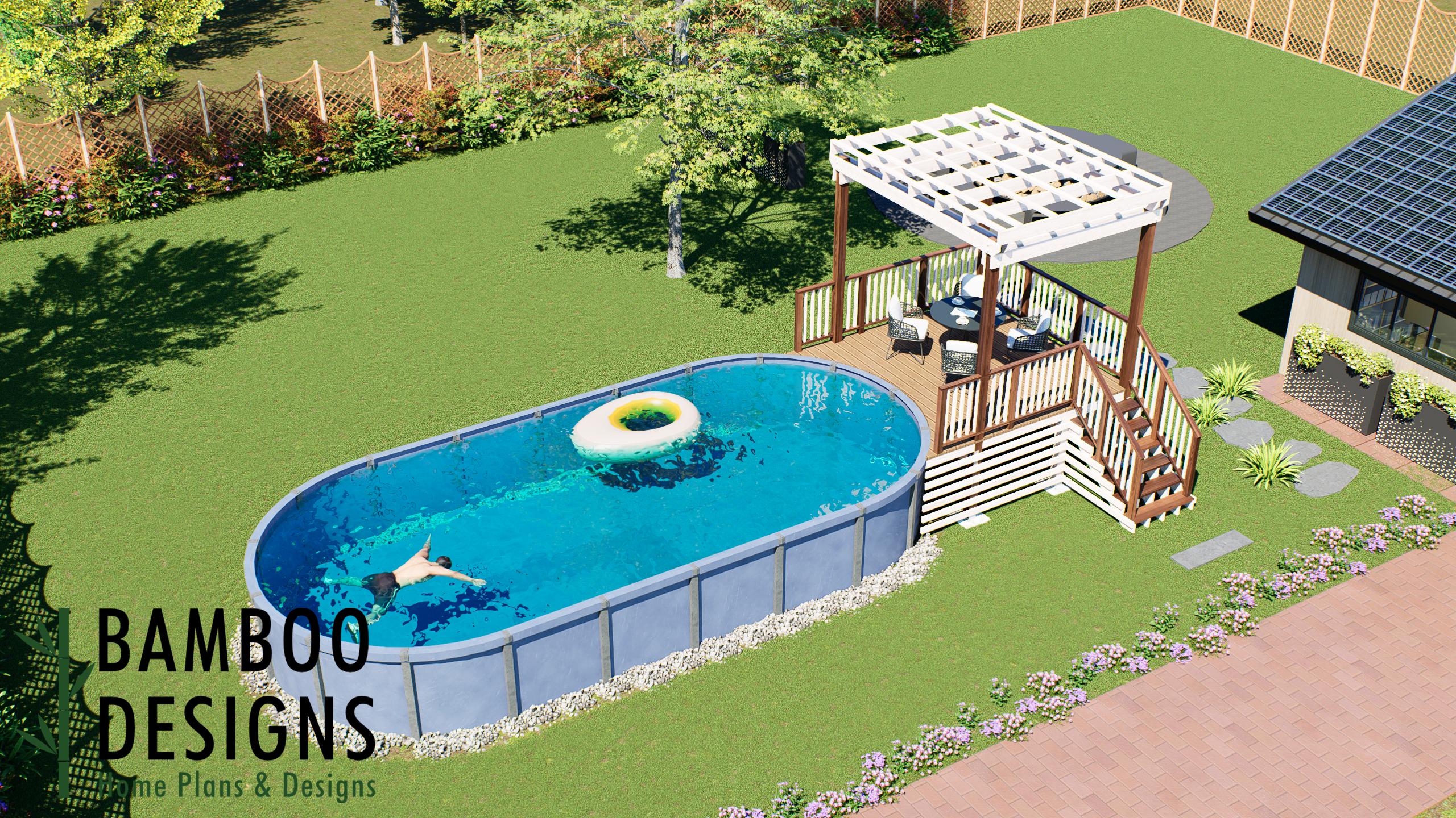 Image of Nyx Oval Pool Deck Plan - 10' x 12' Above-Ground Pool Deck for 16' x 32' Oval Pools with Staircase | DIY PDF Plans