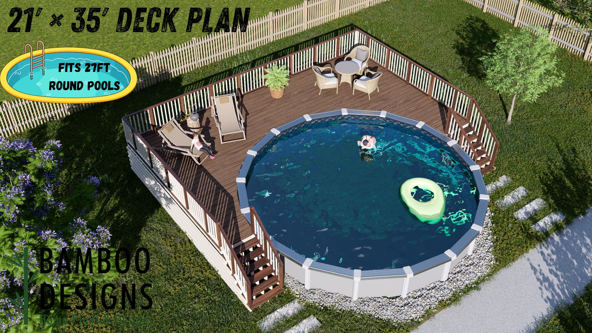 Image of Sunkissed Shores Circle Pool Deck Plan - 21x35 Wrap-Around Deck with Stair Entry | DIY PDF Plans