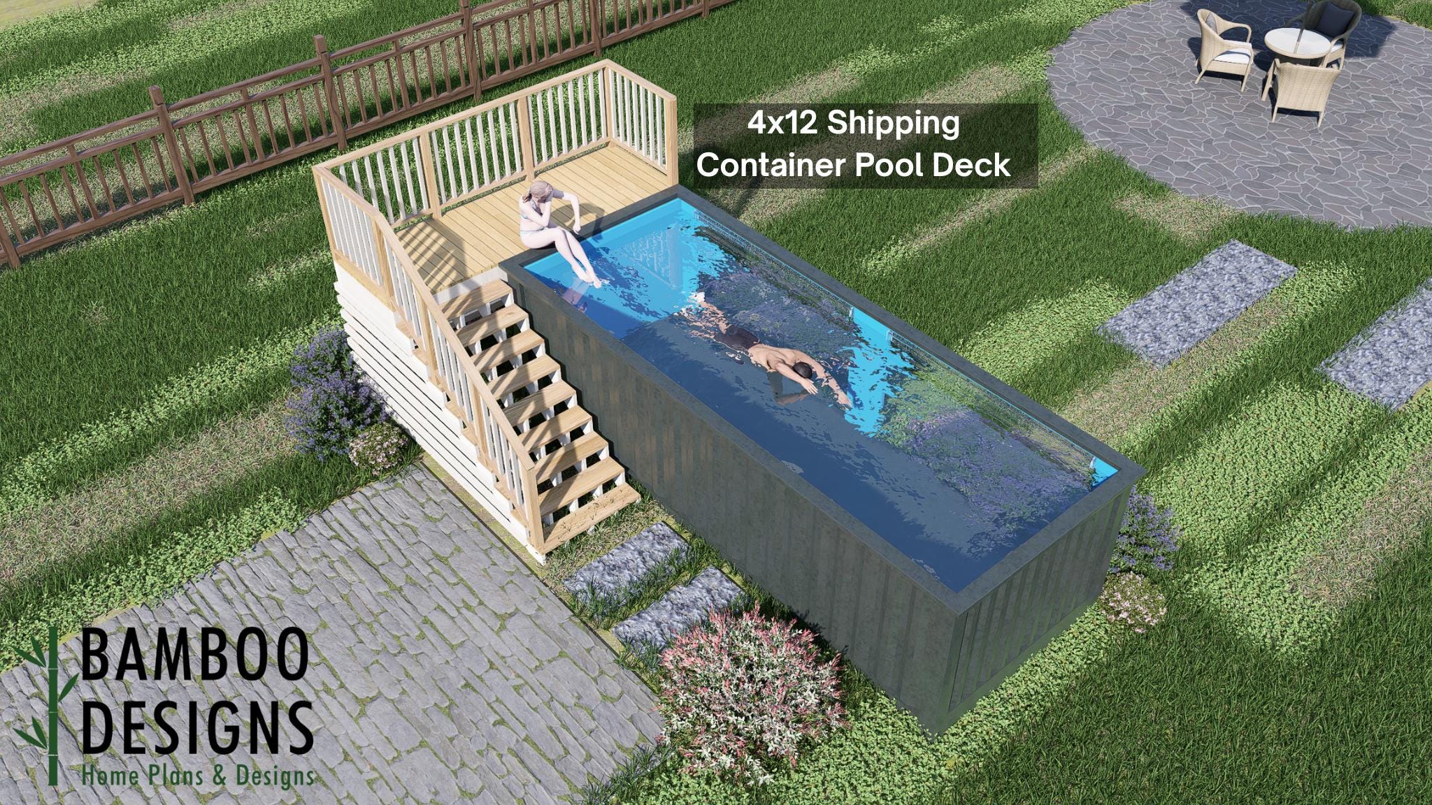 Image of Miami Container Pool Deck Plan - 4x12 Compact Elevated Deck with Railing | PDF + DWG DIY Plans