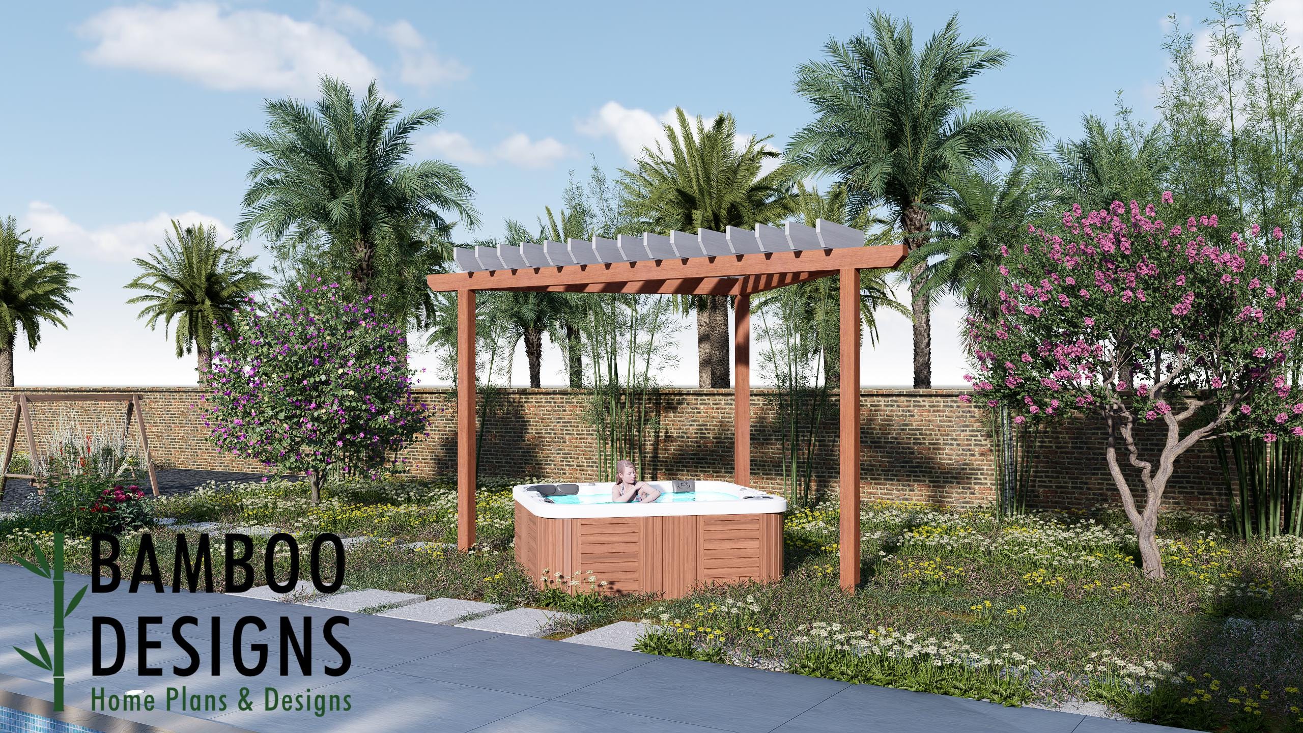 Image of Arizona 15ft Hot Tub Pergola Plan - Open-Air Spa Shade Cover | DIY PDF Plans