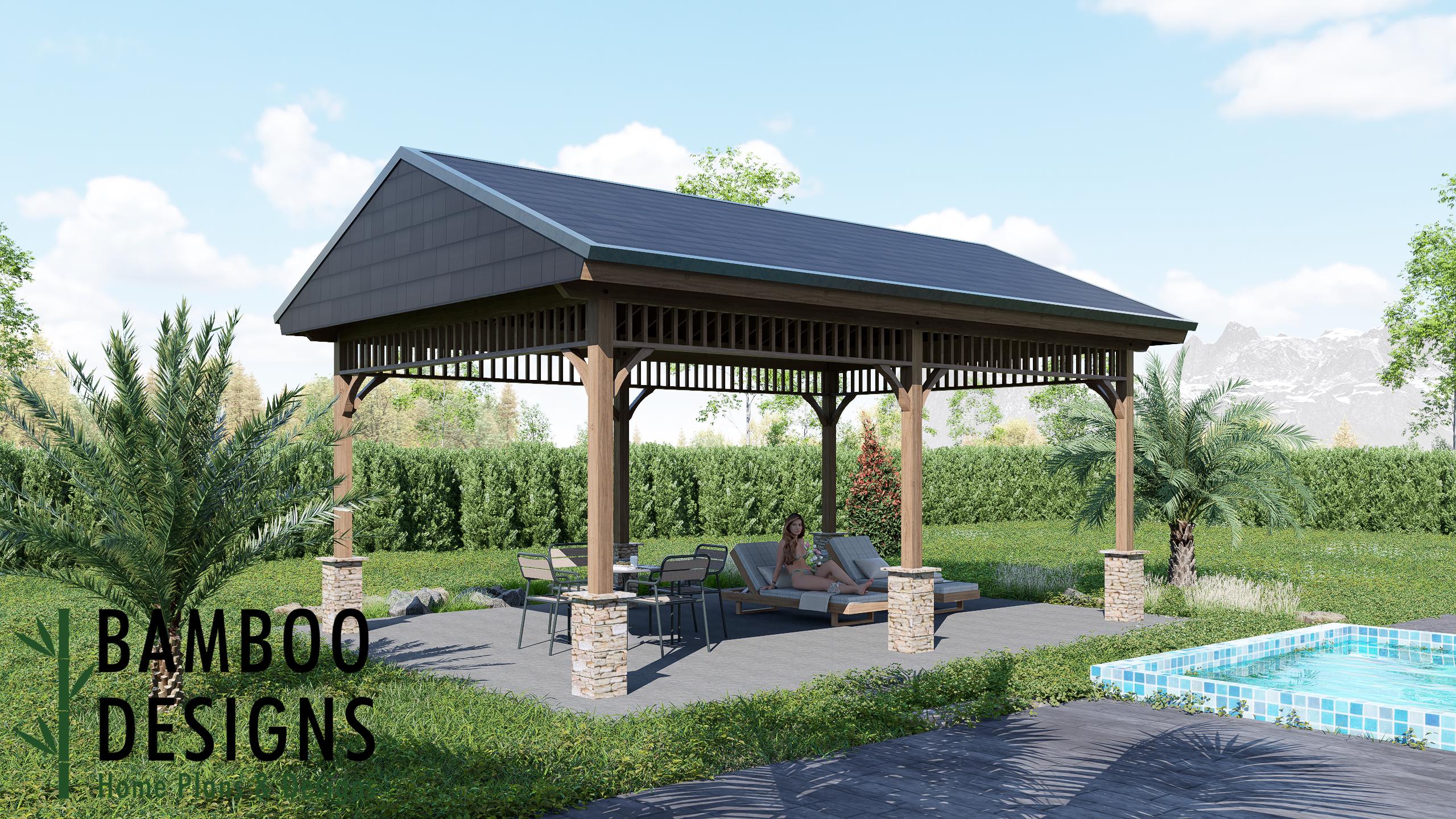 Image of Verona 16x24 Gable Roof Gazebo Plan - DIY Outdoor Pavilion | Backyard Covered Patio & Lounge Space | PDF Building Plans