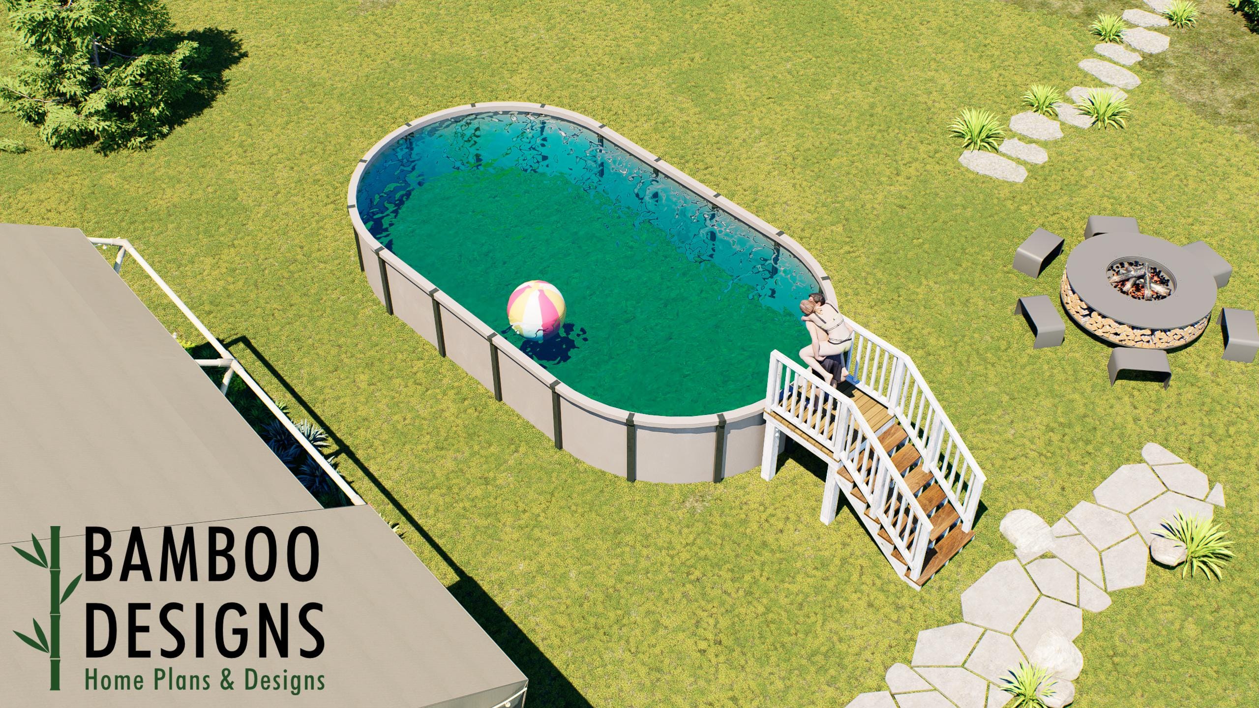 Image of Alian Oval Pool Deck Plan - 4x4 Compact Above-Ground Pool Entry Deck with 5-Step Staircase for 16'x28' Oval Pools | DIY PDF Plans