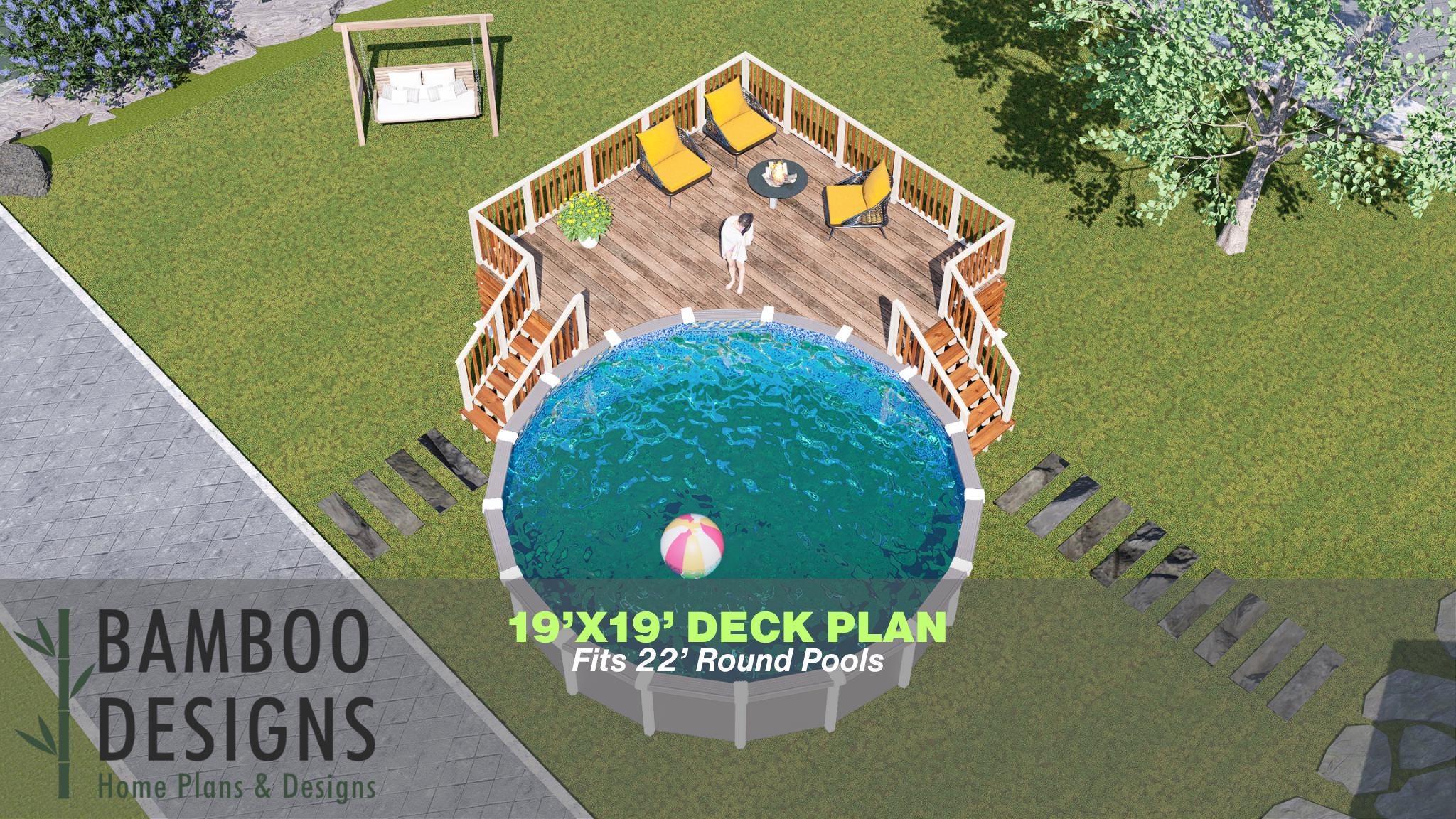 Image of Alani Pool Deck Plan - 19'x19' Above-Ground Pool Deck for 22' Round Pools with Stair Access | DIY PDF Plans