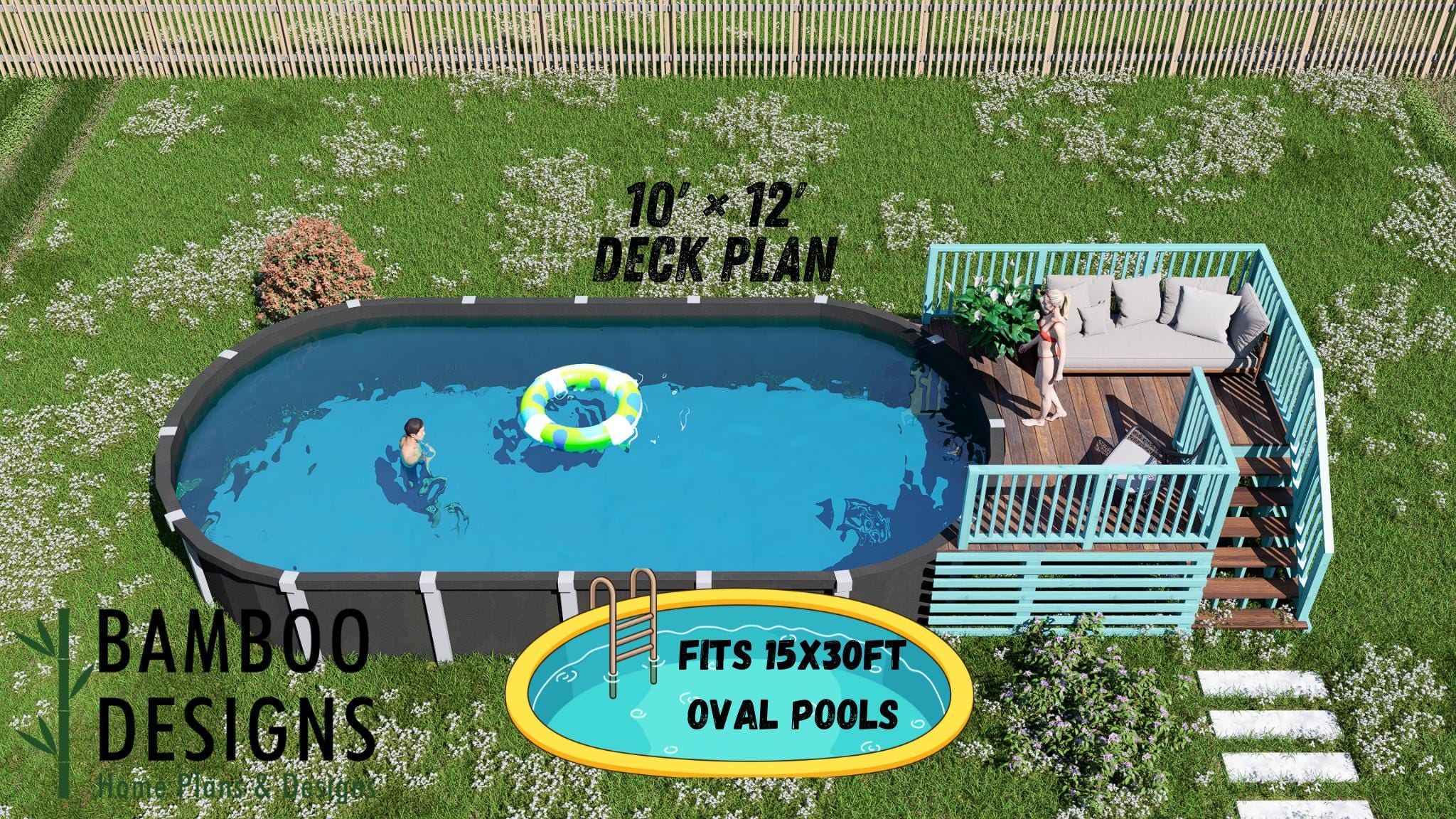 Image of Placid Oval Pool Deck Plan - 10x12 Pool Deck for 15x30 Oval Pools | DIY PDF Plans