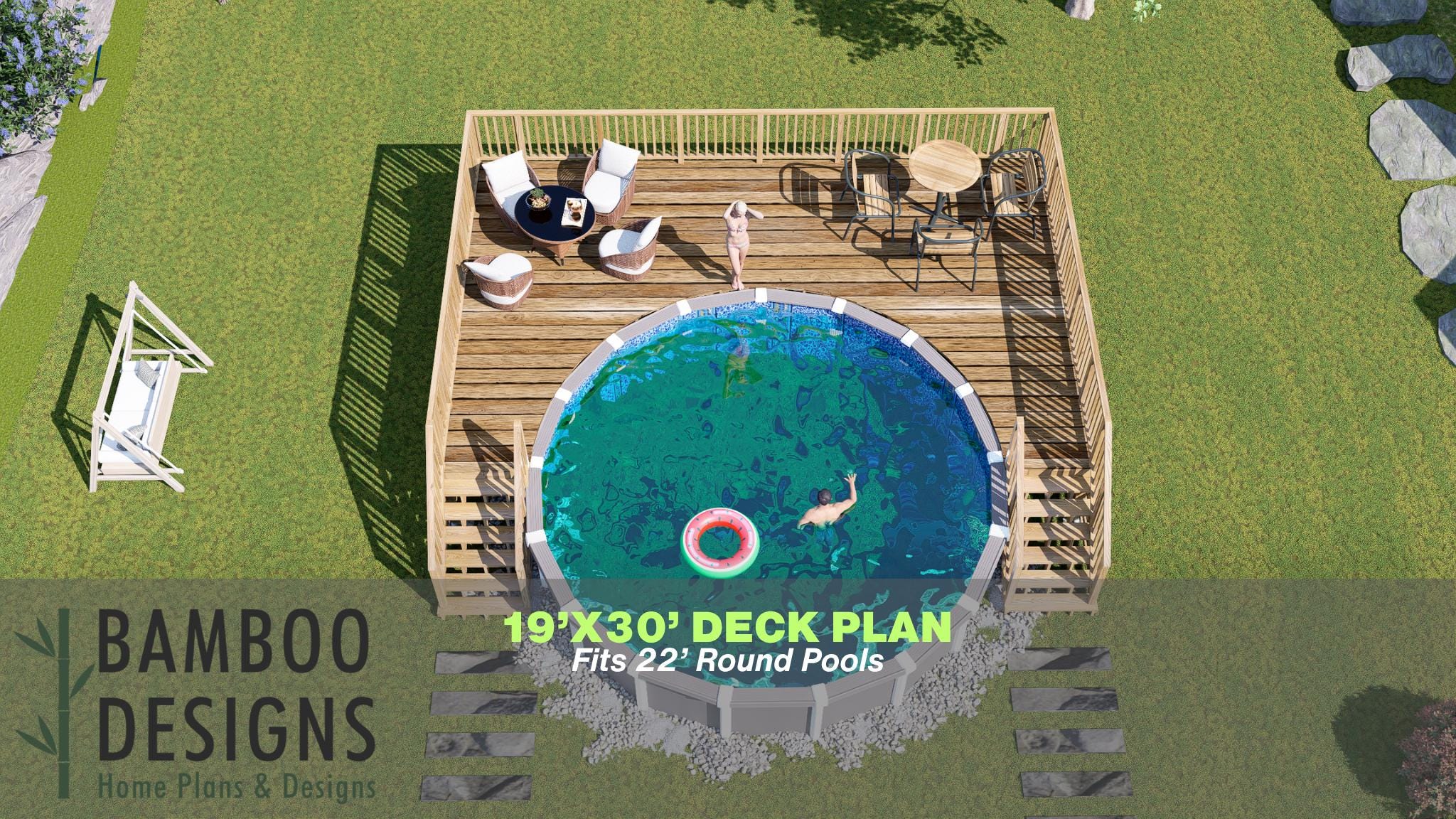 Image of Jade Pool Deck Plan - 19'x30' Large Above-Ground Pool Deck for 22' Round Pools with Stair Access | DIY PDF Plans