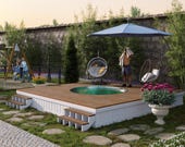 Summer Pool Deck Plan – 16x16 Deck with 8ft Pool Cutout + Modern Backyard Retreat