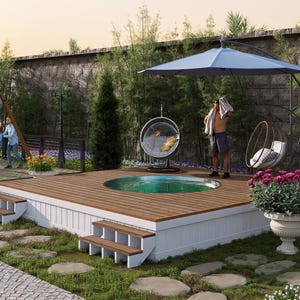 Summer Pool Deck Plan – 16x16 Deck with 8ft Pool Cutout + Modern Backyard Retreat
