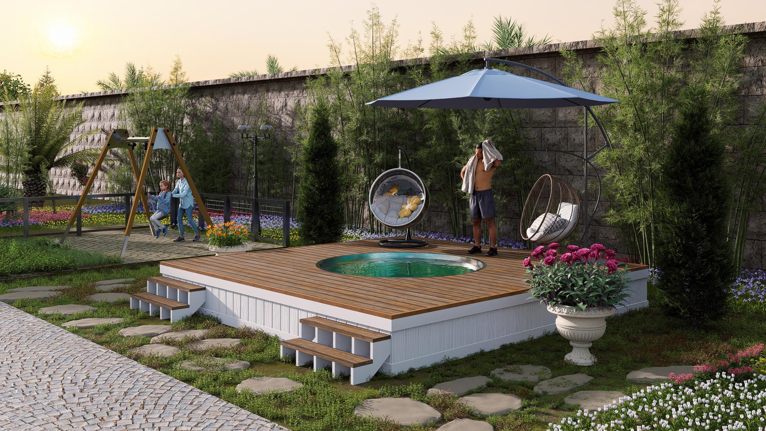 Image of Summer Pool Deck Plan - 16x16 Deck with 8ft Pool Cutout + Modern Backyard Retreat