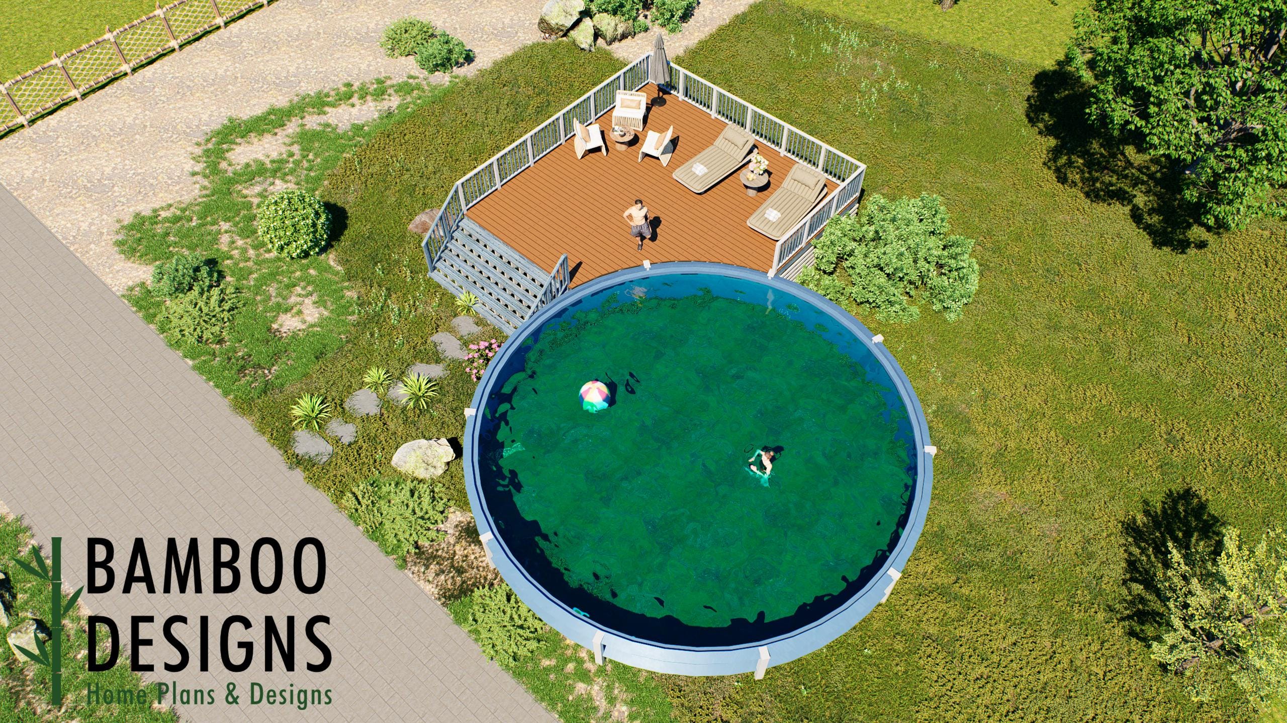 Image of Burwood 25x25 Round Pool Deck Plan – 33' Above-Ground Pool Wraparound Deck with Dual Staircases | DIY PDF Plans
