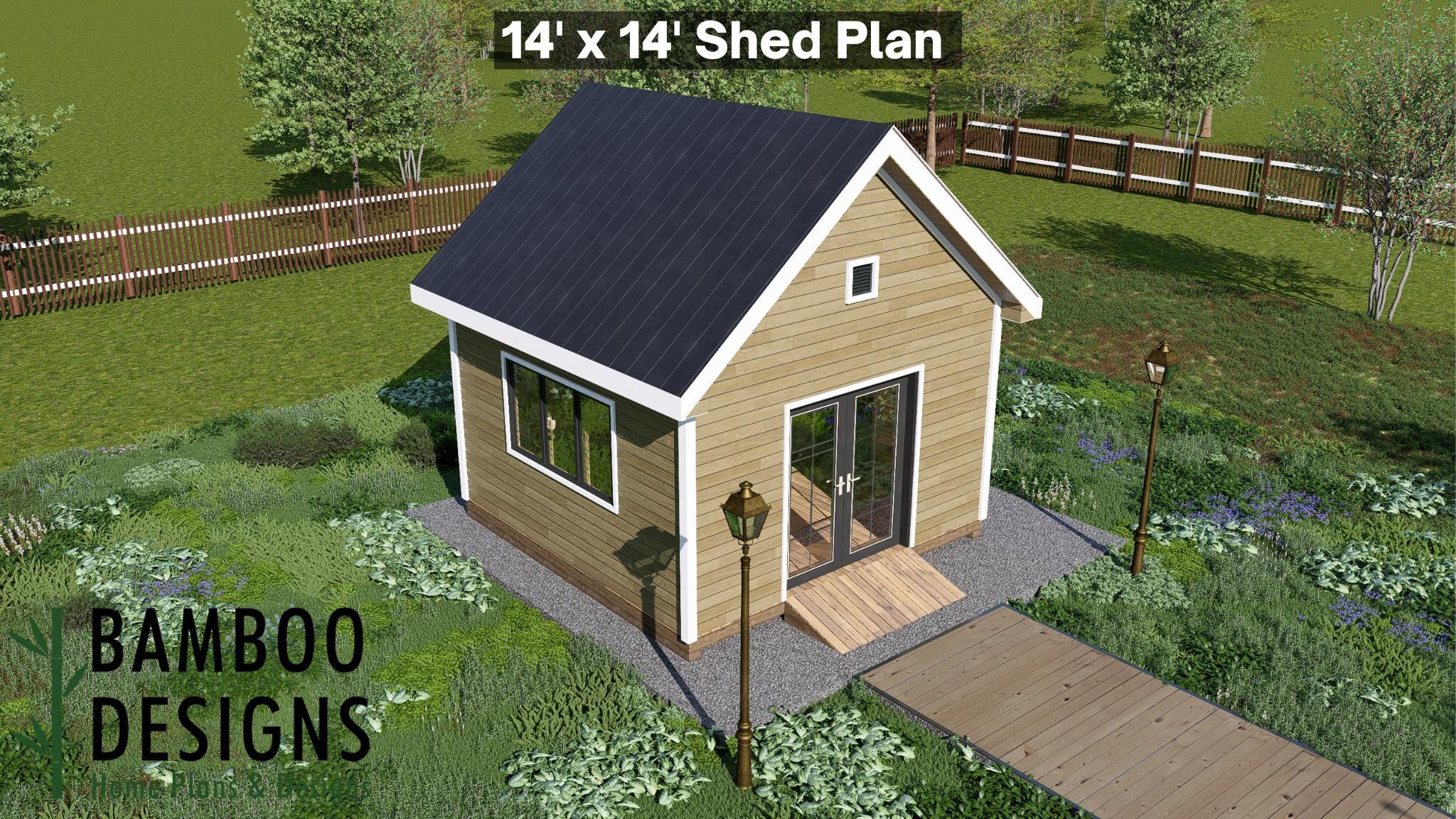 Image of Cleo 14x14 Gable Shed Plan - Modern Workshop, Studio, or Backyard Office | DIY Shed Design (PDF)