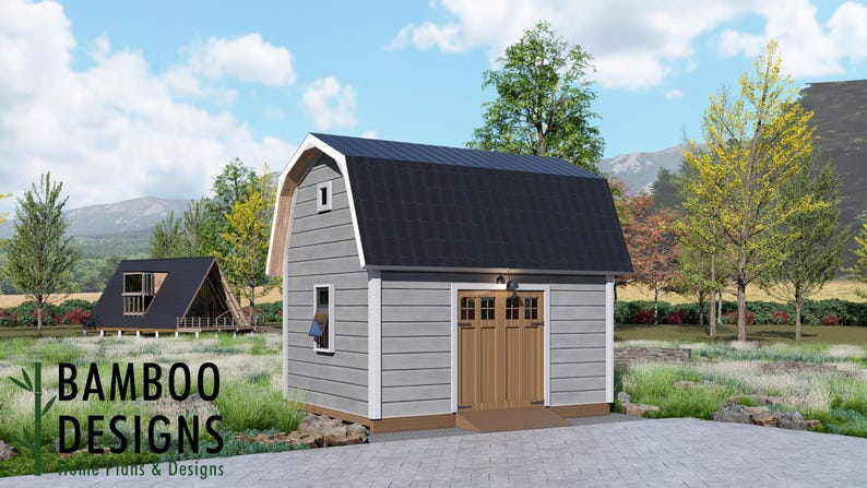 May include: A grey barn-style shed with a black roof and wooden doors. The shed has a small window and a light fixture above the doors. The image also shows a smaller A-frame structure and the text "BAMBOO DESIGNS Home Plans & Designs".