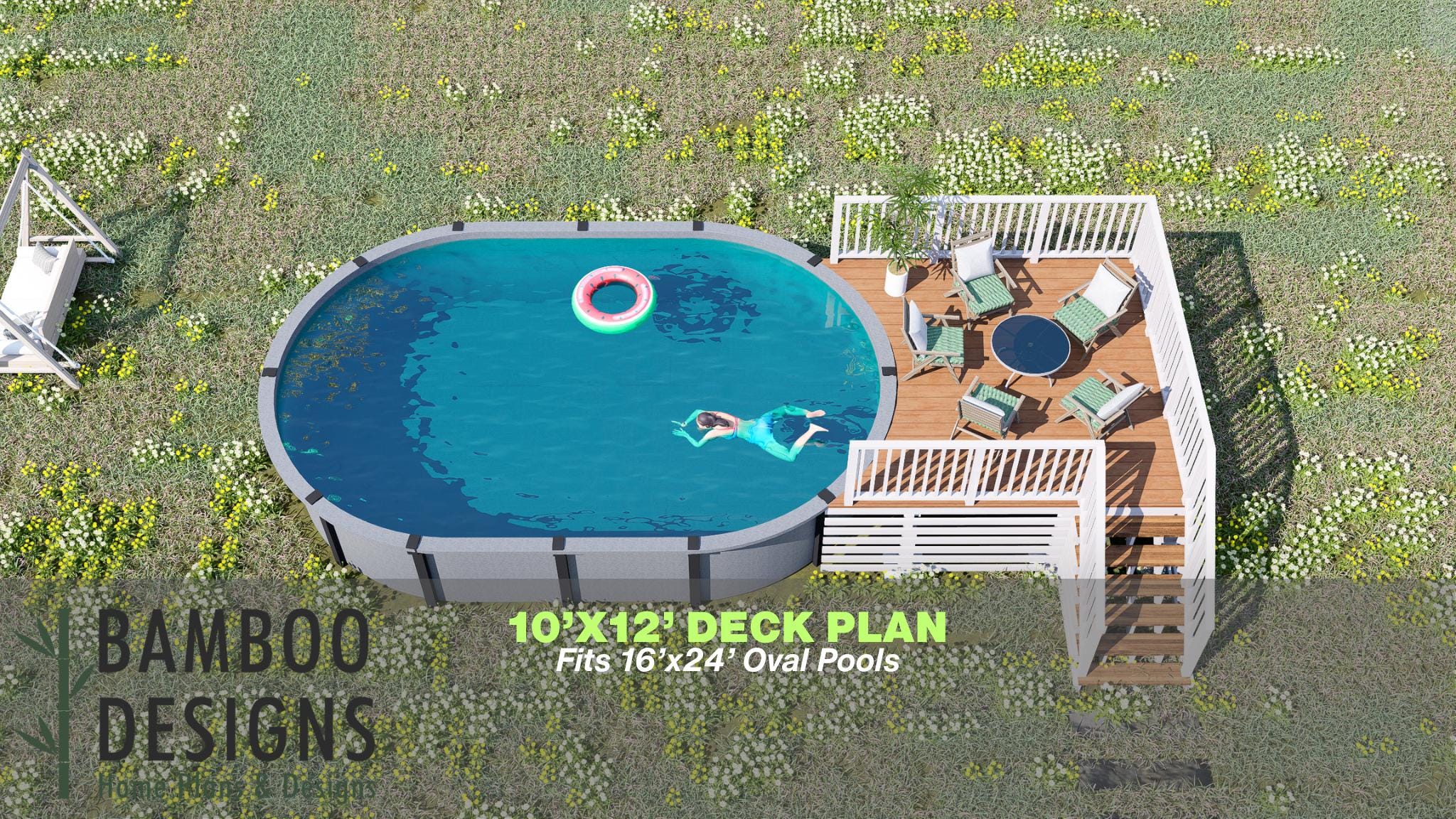 Image of Koel Pool Deck Plan - 10x12 Above-Ground Pool Deck with 5-Step Staircase | DIY PDF Plans