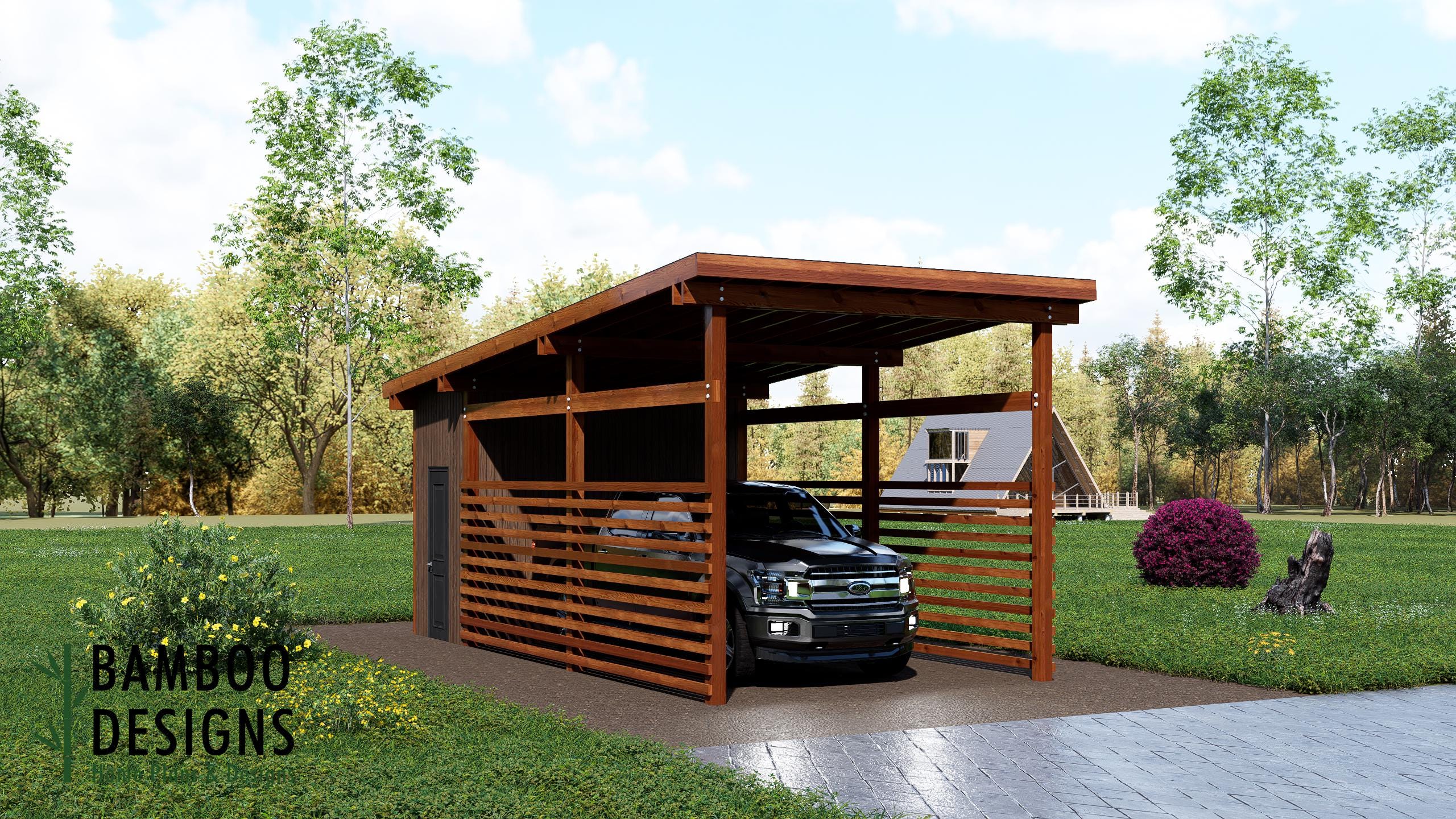 Tettoia per auto moderna con tetto piano Melbourne 12x26 - Progetto fai-da-te con tettoia e ripostiglio - Parete divisoria per la privacy - Planimetri