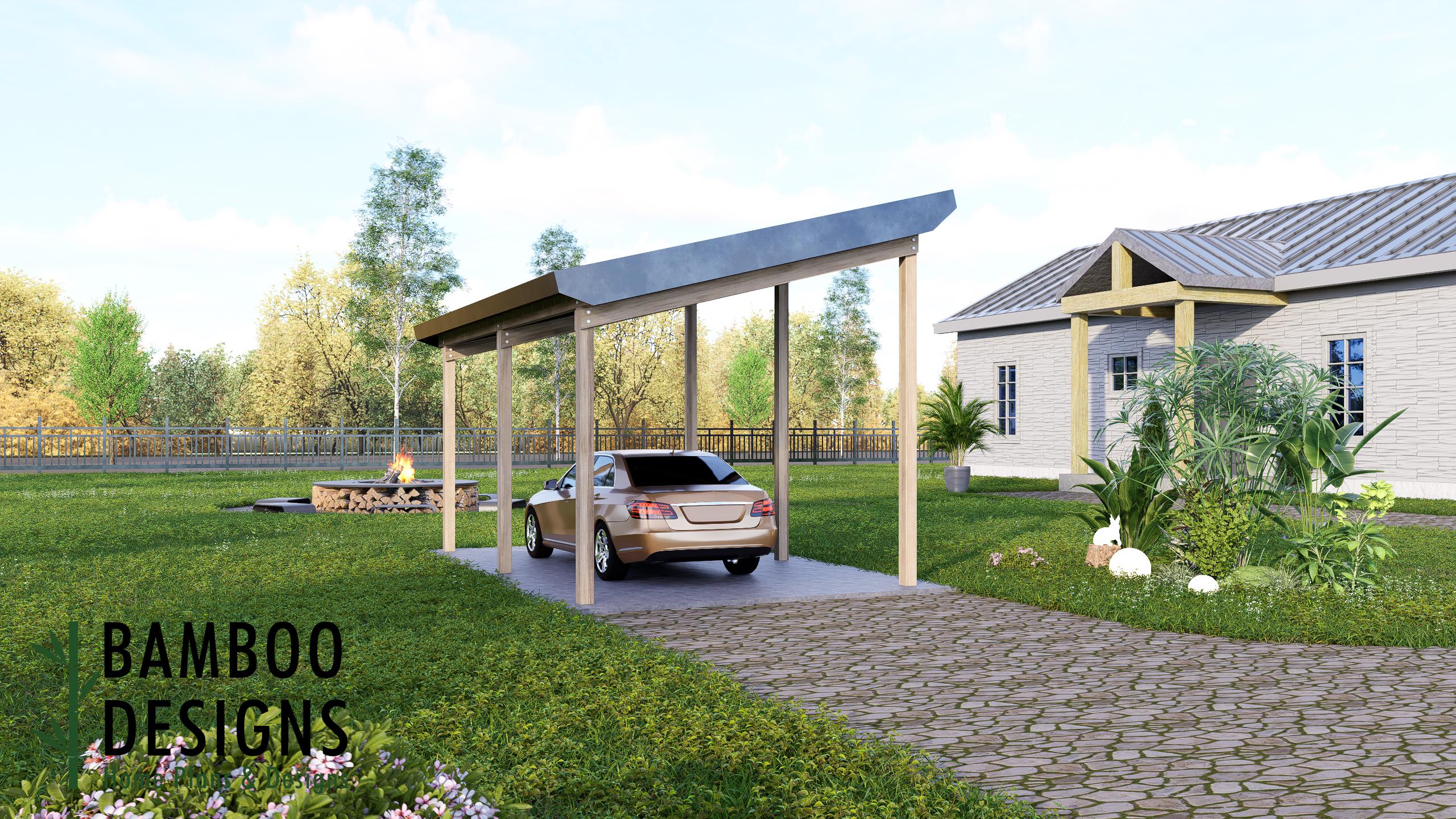 Image of Wimberley 12x20 Sloped Roof Carport Plan - Modern Car Shelter PDF - DIY Driveway Cover for Rural or Suburban Homes