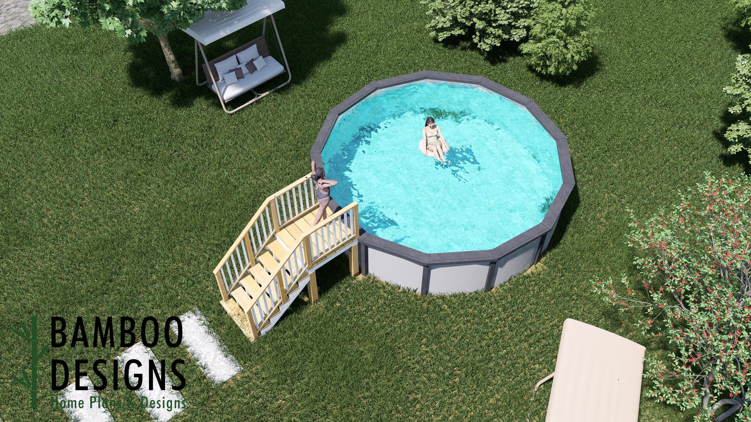 Image of Sebring 16ft Pool Deck Plan - 4x4 Family-Friendly Above-Ground Pool Deck with Lounge Space | DIY PDF Plans