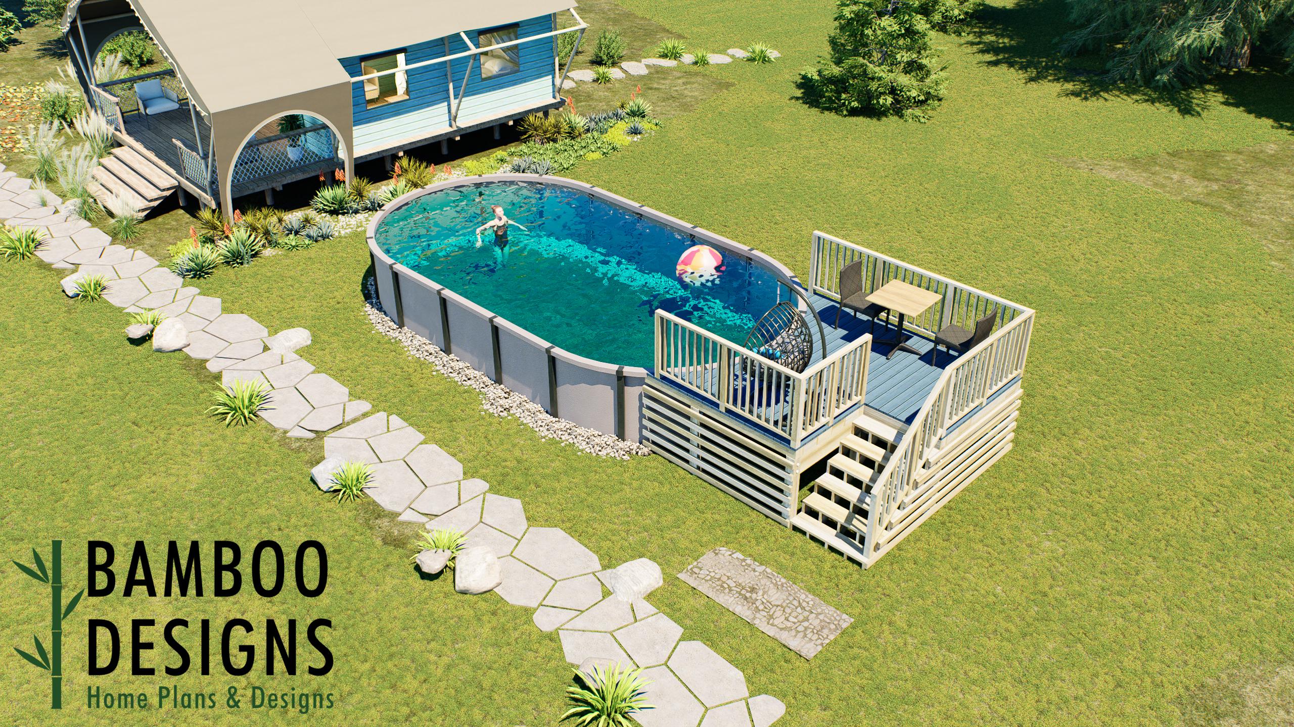 Image of Moriarty Oval Pool Deck Plan - 10'x12' Above-Ground Pool Entry Deck with Staircase for 16'x28' Oval Pools | DIY PDF Plan