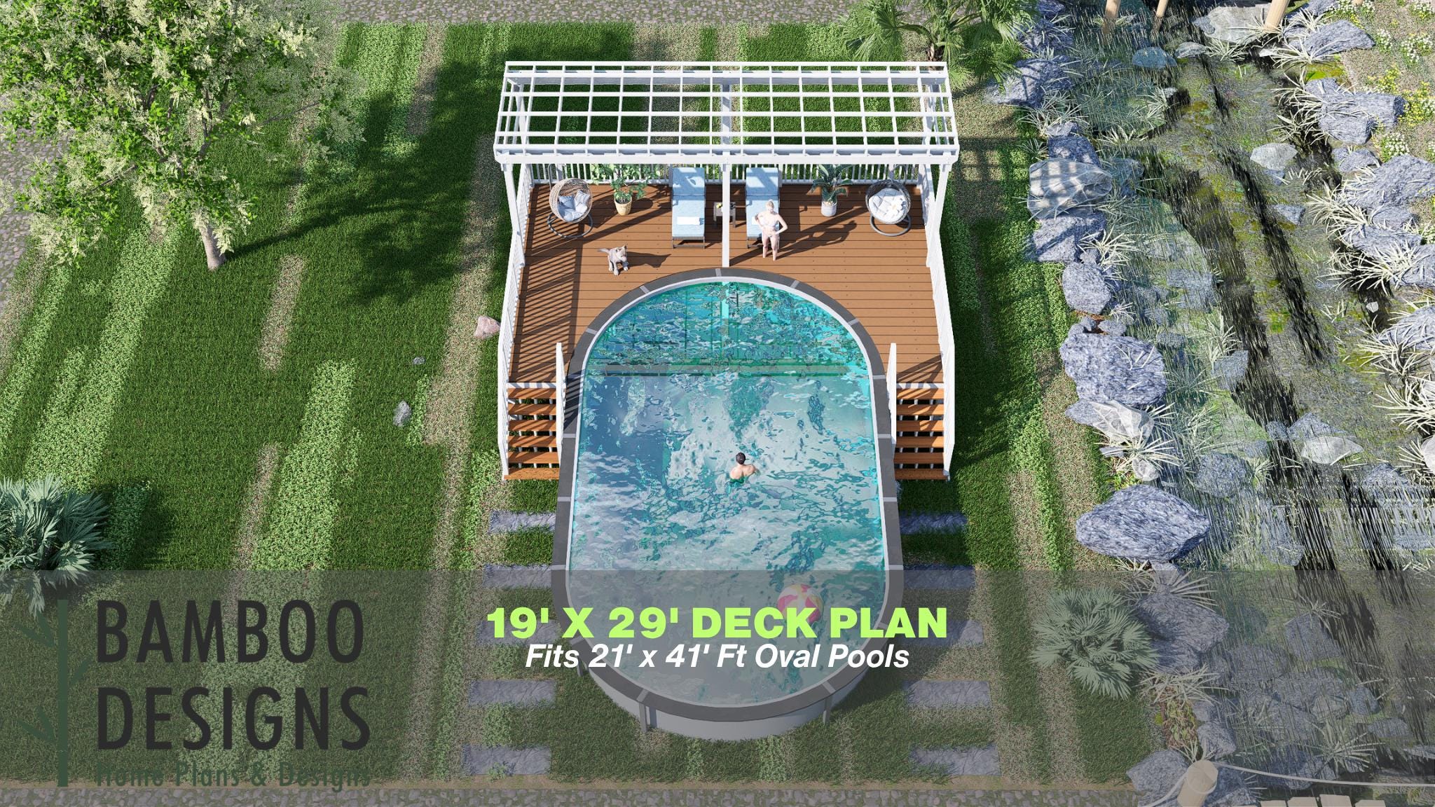 Image of Mojave Oval Pool Deck Plan - 19x29 Elevated Deck with Pergola & Dual 6-Step Staircases | DIY PDF Plans