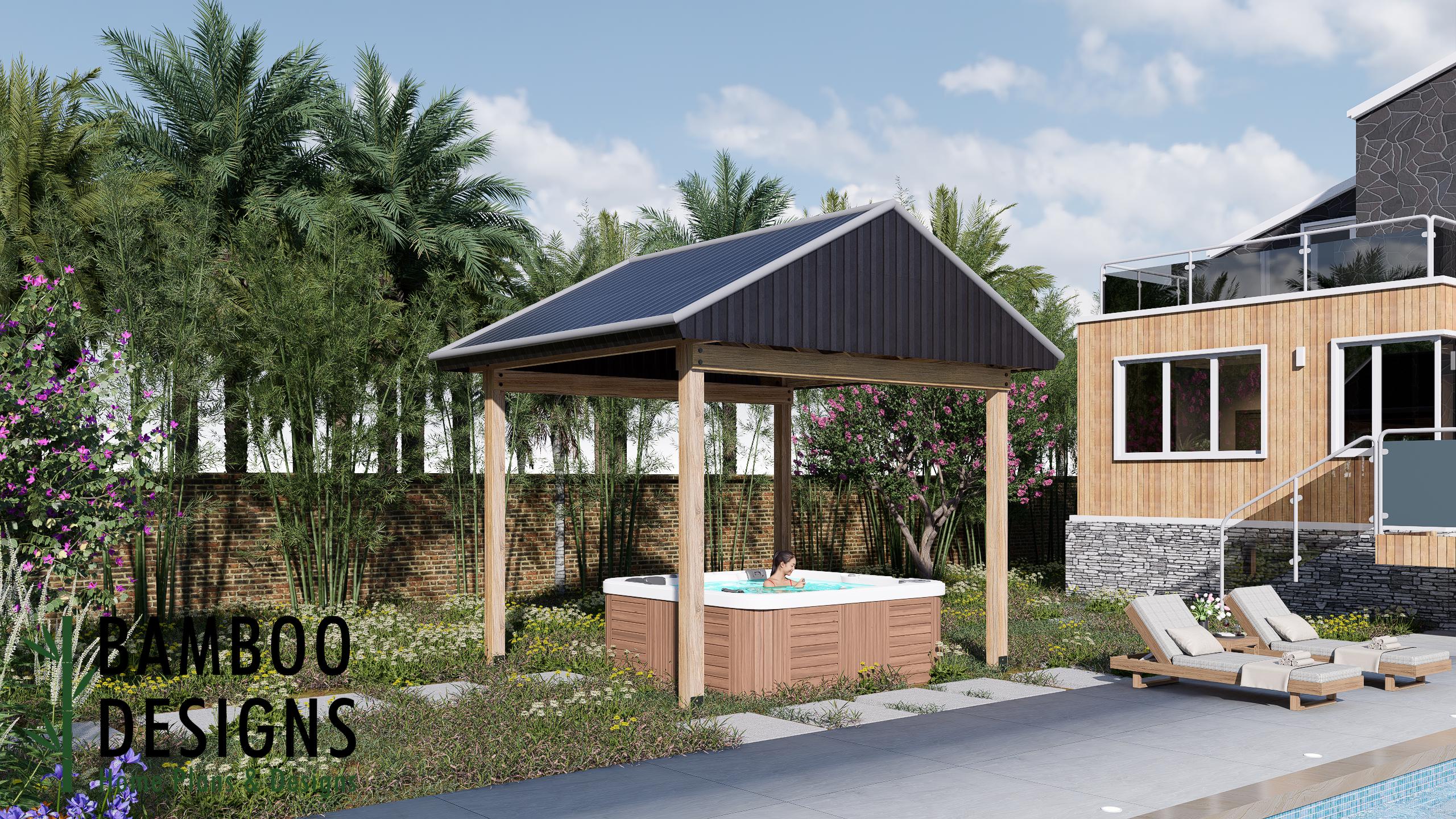 Image of Oasis Flow Jacuzzi Pergola Plan - 12x10 Open Hot Tub Shelter | DIY Spa Shade PDF + DWG