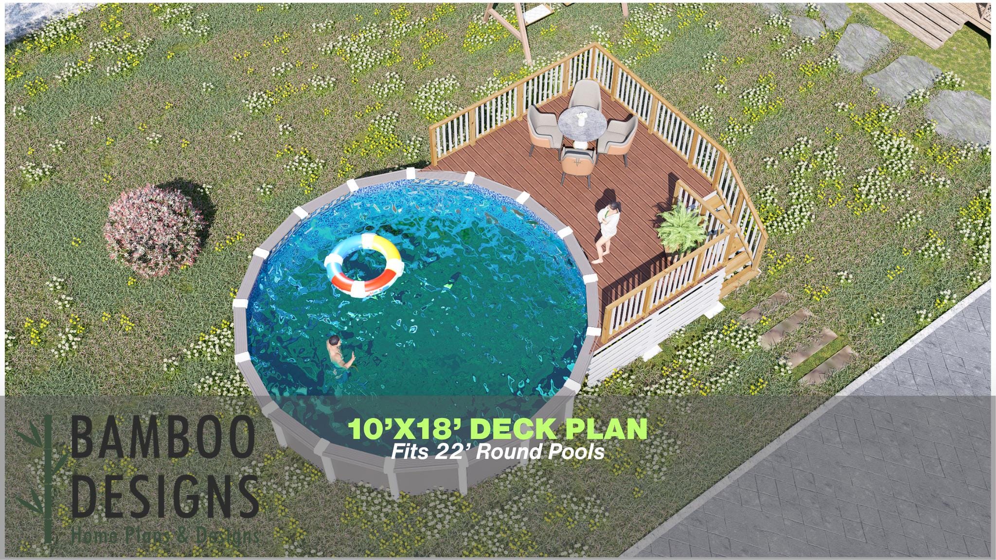 Image of Rinji Round Pool Deck Plan - 10x18 Above-Ground Pool Deck with Staircase | DIY PDF Plans