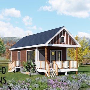 May include: A digital rendering of a small, brown cabin with a dark blue roof and white trim. The cabin has a porch with white railings and stairs. The image includes the text "BAMBOO DESIGNS Home Plans & Designs."
