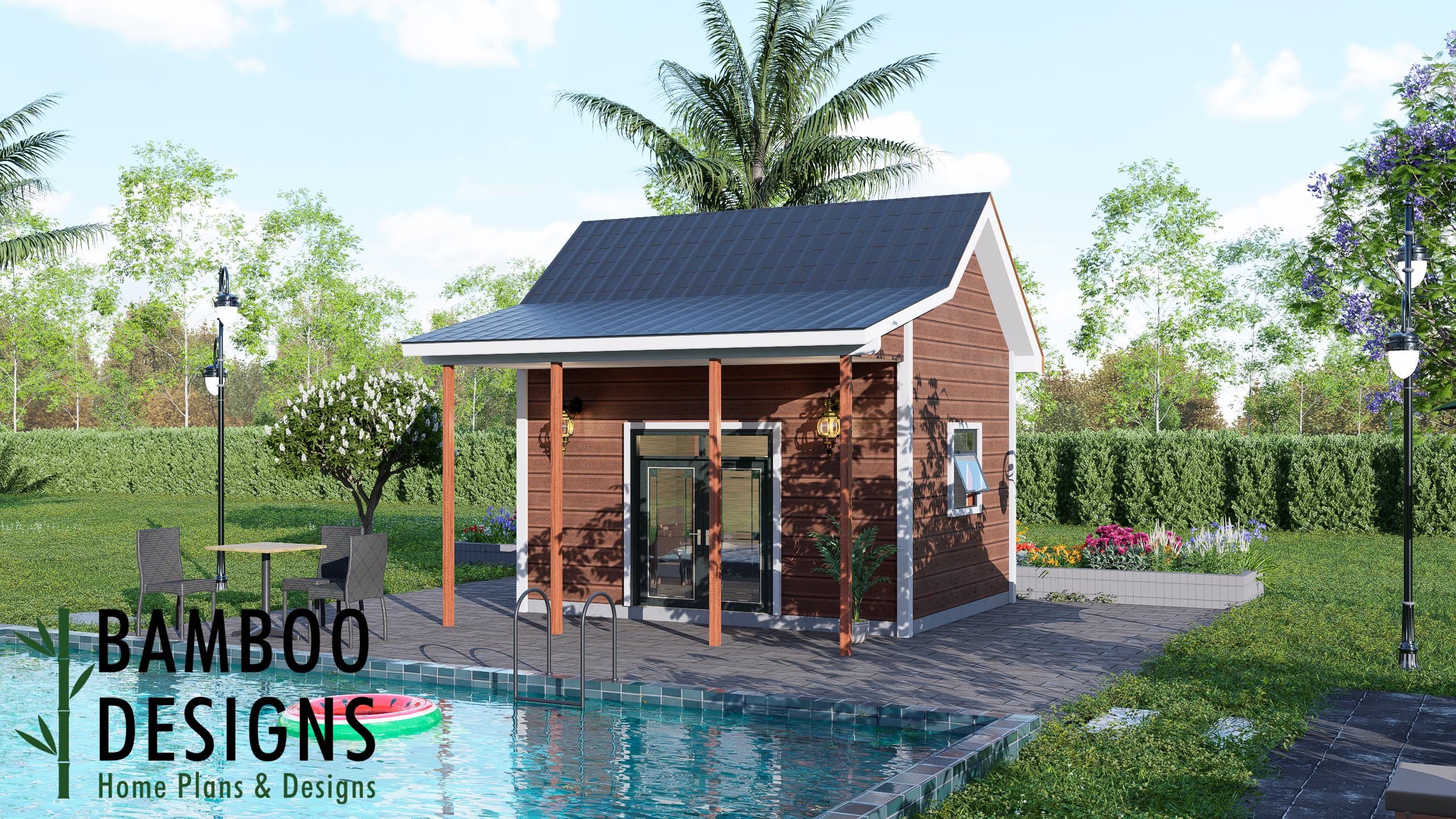 Image of Mariglow Tiny Pool Home - 12x16 Modern Backyard Pool House | DIY Cabana & Guest Retreat Plan