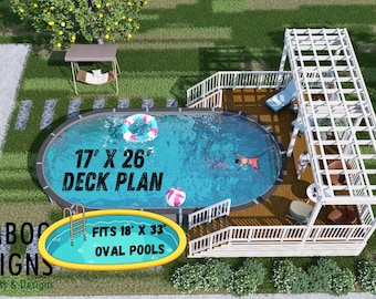 Palm Springs 18x33 Oval Pool Deck Plan – 17x26 Pergola-Covered Entertainer’s Deck with Dual Staircase | DIY PDF Plans