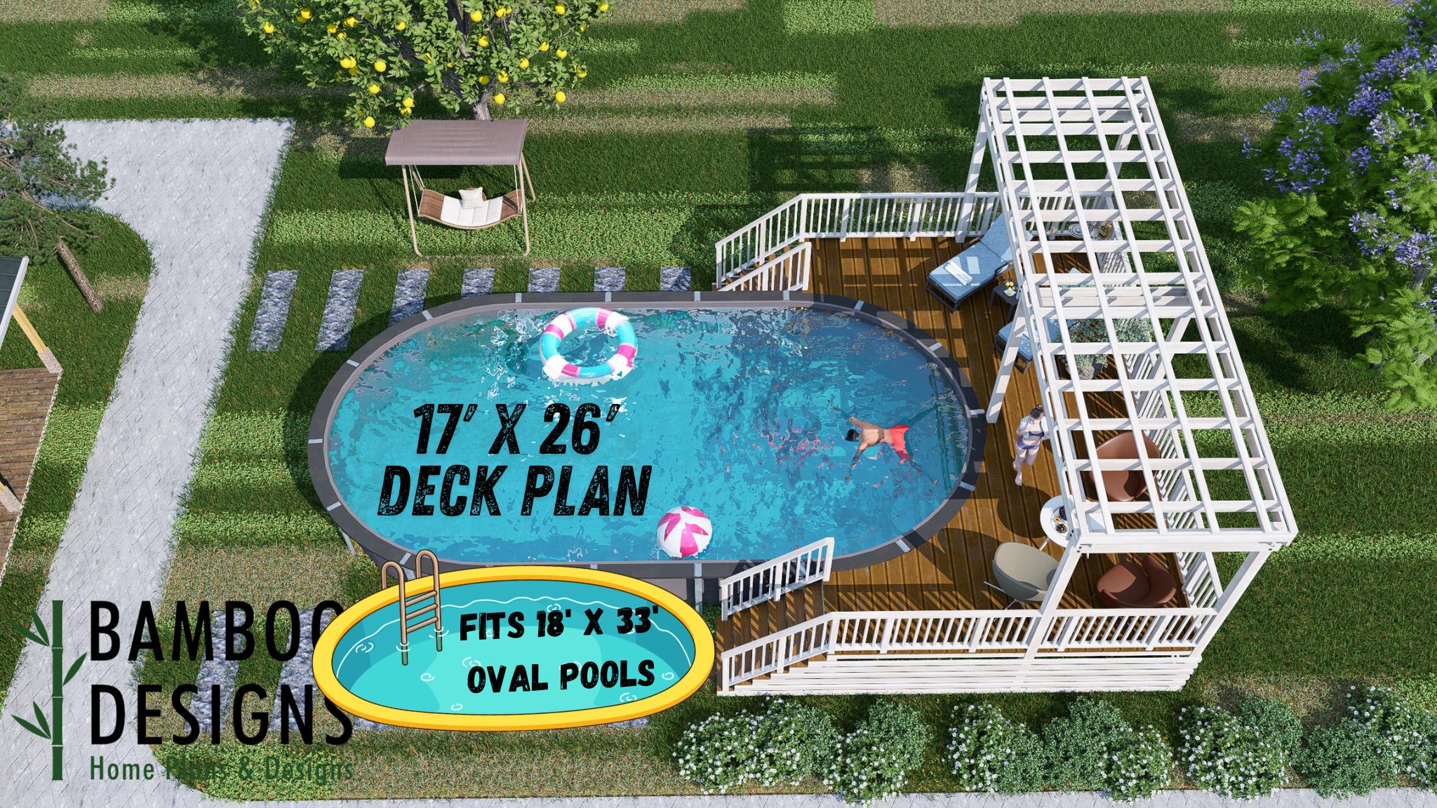 Image of Palm Springs 18x33 Oval Pool Deck Plan - 17x26 Pergola-Covered Entertainer's Deck with Dual Staircase | DIY PDF Plans