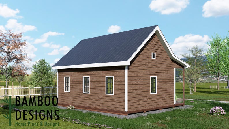 May include: A brown house with a dark blue roof and white trim. The house has several windows with green interiors and is surrounded by grass and trees. The text "BAMBOO DESIGNS Home Plans & Designs" is visible.