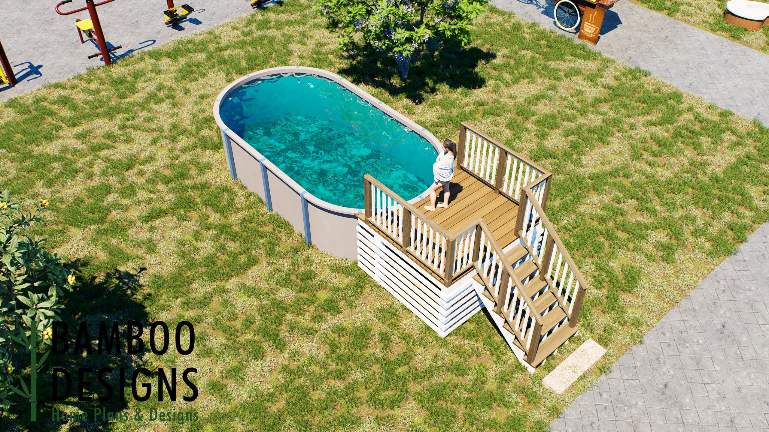 Image of Perfecta Del Carrer Oval Pool Deck Plan - 6' x 8' Above-Ground Pool Entry Deck with Staircase for 10' x 19' Oval Pools | DIY PDF Plans