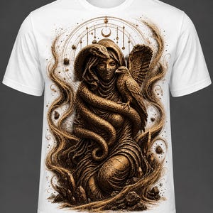 Peut inclure: Un t-shirt blanc à manches courtes avec une impression graphique marron détaillée représentant une silhouette encapuchonnée entourée d'un grand serpent, avec un oiseau posé sur l'épaule. Le motif inclut des textures de sable tourbillonnantes.