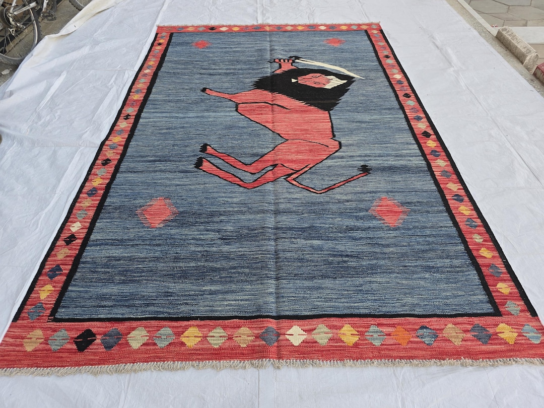 Curated visual reference: Gallery Detail: Navy Blue 7X10 Lion Design Kilim Afghan Wool Rug Tribal