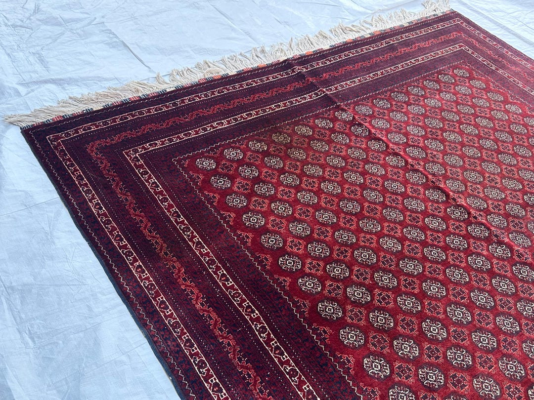 2000s, Handwoven Turkmen Wool Rug 6.7x9.8: Afghan Red Veg Dye Carpet ...