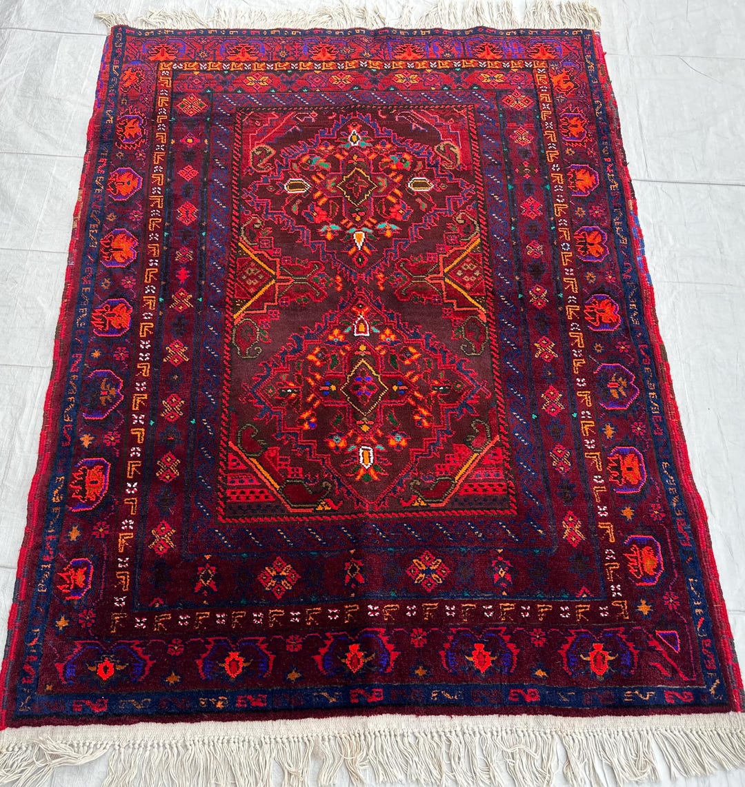 4x5 Red Vintage Handmade Rug, Afghan Oriental Rug, Soft Pile Wool Rug ...