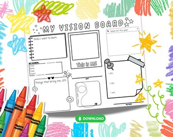 Tablero de visión imprimible para niños, actividad para establecer metas, tablero de visión anual reutilizable, recuerdos de la infancia, descarga digital