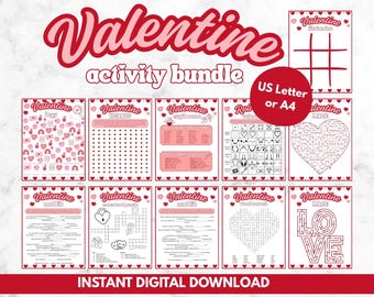 Paquete de actividades de San Valentín para niños / Juegos, rompecabezas y hojas de trabajo imprimibles / Fiesta en el aula, diversión en casa / Descarga instantánea