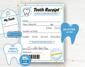 Recibo imprimible del Hada de los Dientes, carta del Hada de los Dientes para niños, certificado de diente perdido, recuerdo del Hada de los Dientes para niños, digital