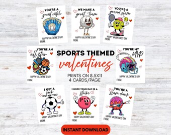 Tarjetas de San Valentín deportivas, tarjetas imprimibles para el aula, juegos de palabras deportivos, tarjetas de San Valentín para primaria, descarga digital