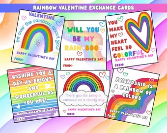 Tarjetas de San Valentín arcoíris imprimibles, tarjetas de San Valentín coloridas para el aula infantil, San Valentín inclusivo, descarga instantánea