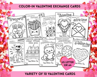 Tarjetas de San Valentín para colorear para niños / Intercambio en el aula / Página para colorear de San Valentín / Tarjetas de intercambio para preescolares (Descargar PDF)