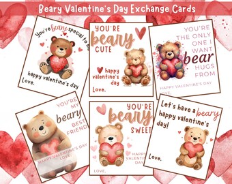 Tarjetas de San Valentín con ositos de peluche para niños, lindas tarjetas de San Valentín con ositos de peluche, tarjetas imprimibles para el aula, descarga instantánea
