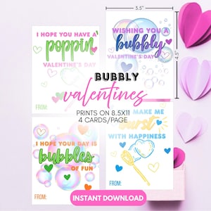 May include: Valentine's Day cards with bubble and heart designs. The cards are 3.5 inches wide and 4.5 inches tall. Text includes "Wishing you a bubbly Valentine's Day" and "I hope you have a poppin' Valentine's Day".