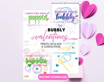 Tarjetas de San Valentín con burbujas para niños, tarjetas imprimibles para el aula, tarjetas de San Valentín sin dulces para intercambiar con varitas de burbujas, descarga digital