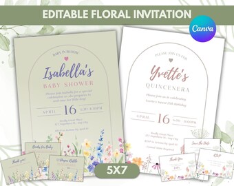 Invitación con arco floral editable / Baby Shower, Quinceañera, Aniversario / Itinerario y tarjetas RSVP / Invitación de 5x7 / Descarga digital
