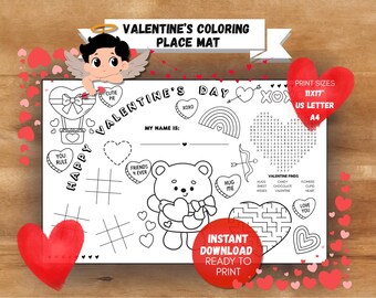 Mantel individual para colorear de San Valentín para niños / Actividad imprimible de San Valentín / Actividad de mesa para niños de 11 x 17 / Descarga digital de San Valentín para el aula